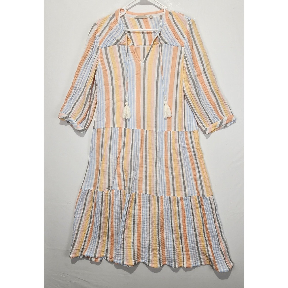 Soft Surroundings Laguna Crinkle Women's Striped Gauze‎ Midi Dress Multicolor...